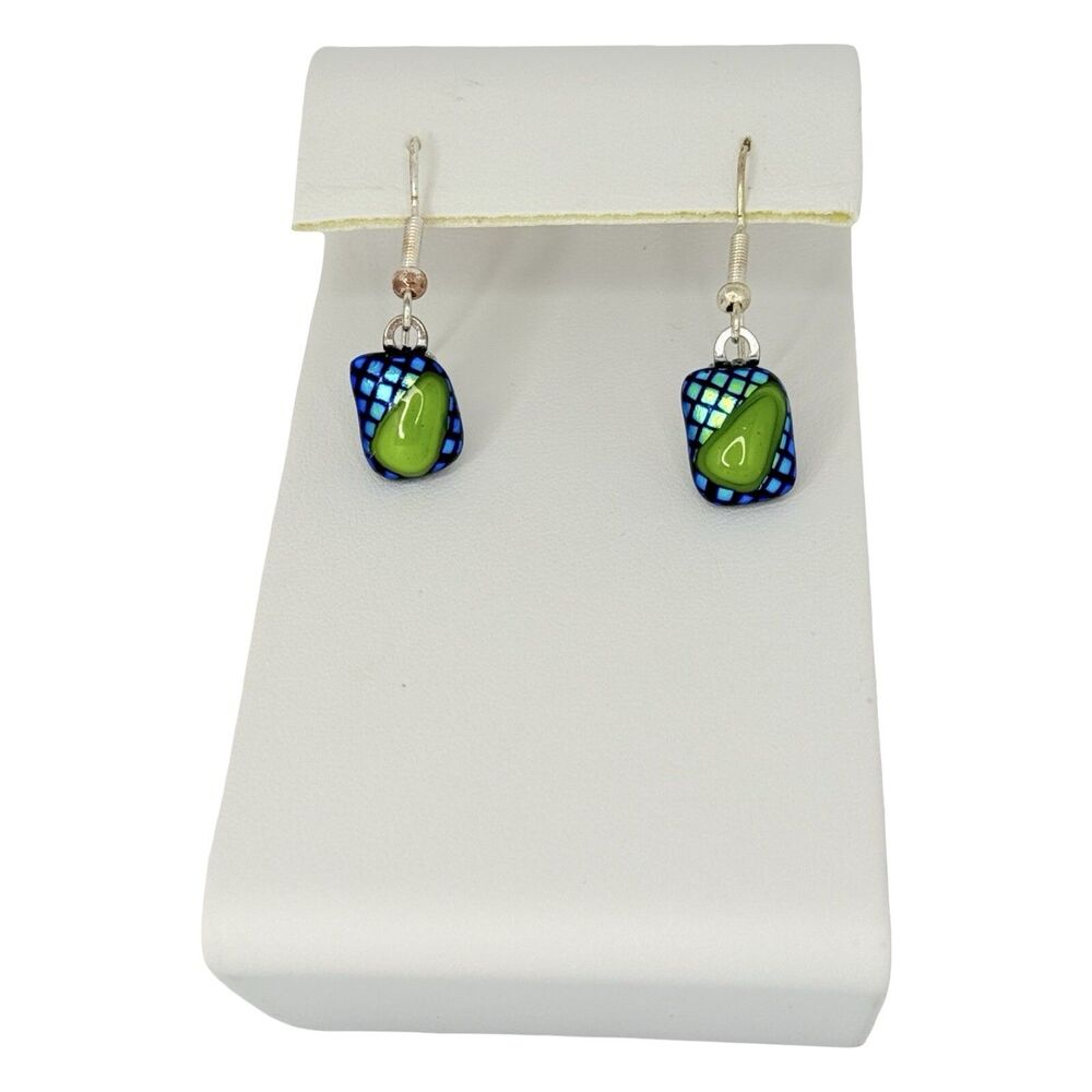 Artesian Dichroic Glass Dangle Earrings 1" Green & Blue Unique Murano Style - Picture 6 of 13